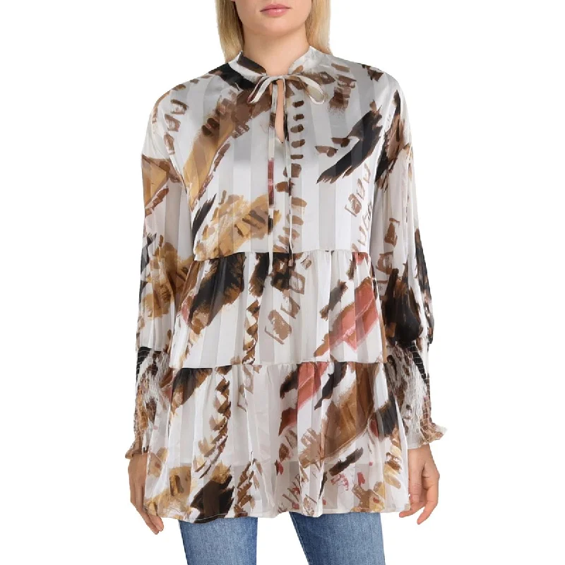 Womens Printed Split Neck Blouse Balloon Sleeve Blouse