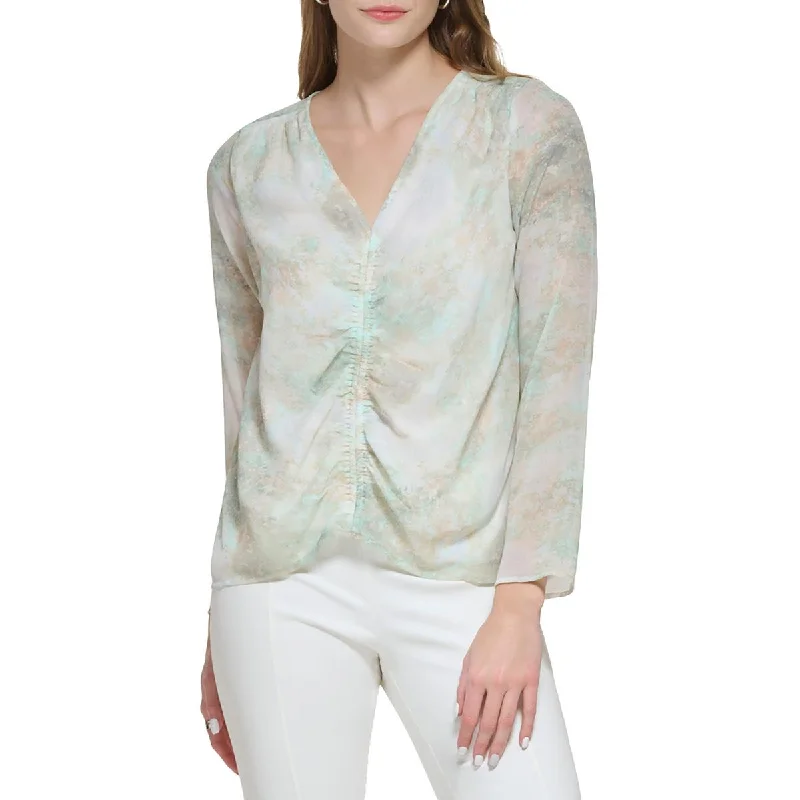 Womens Ruched V-Neck Blouse Bell Sleeve Blouse