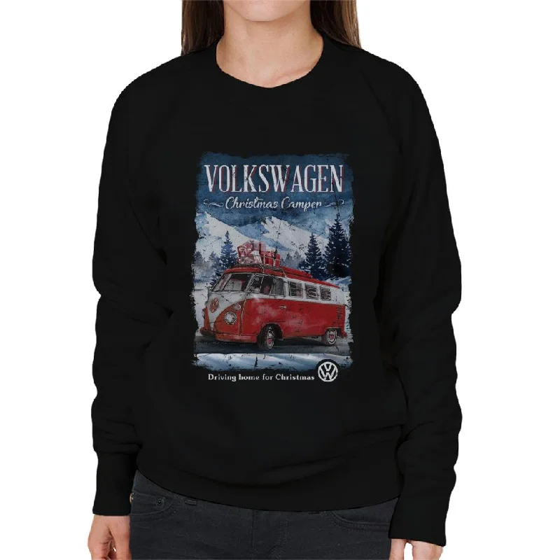 Volkswagen Christmas T1 Camper Driving Home Women's Sweatshirt Hoodie with Hidden Zipper Minimalist Clean