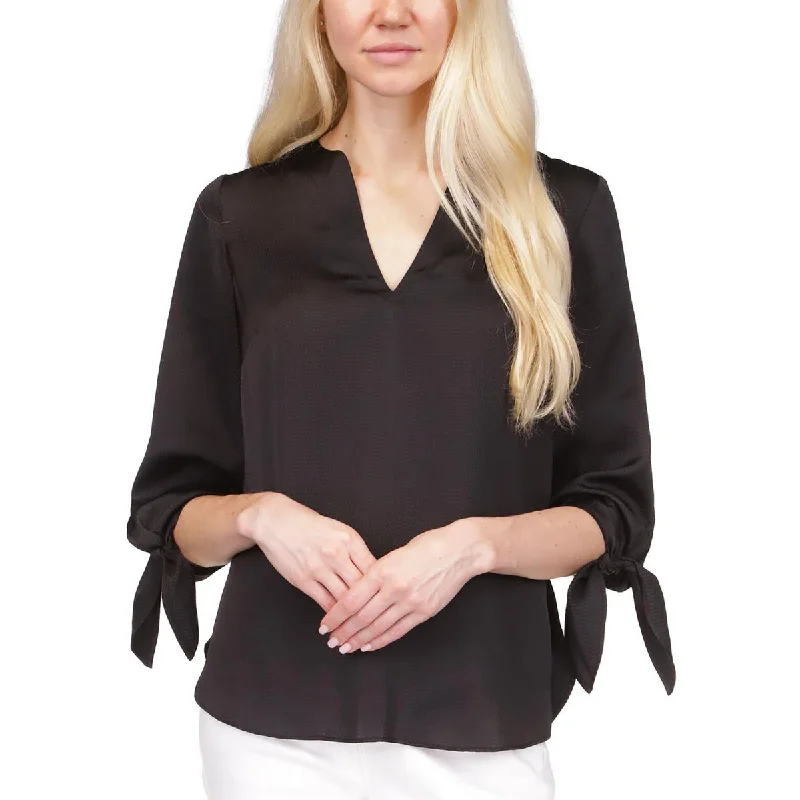 Petites Womens Satin Split Neck Blouse Elegant Office Blouse