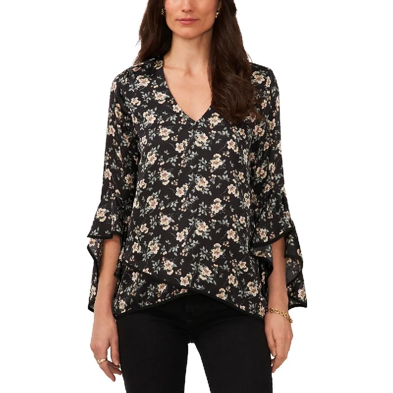 Womens Floral V Neck Blouse Feminine Tie Blouse