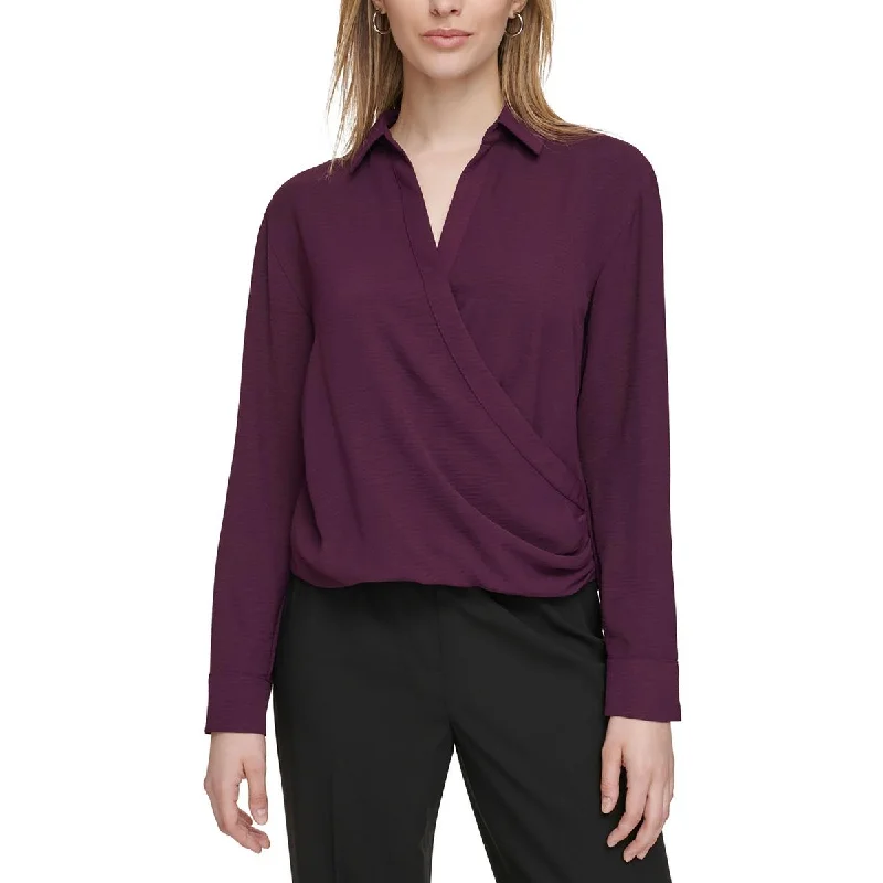 Womens Work Wrapped Blouse Pleated Collar Blouse