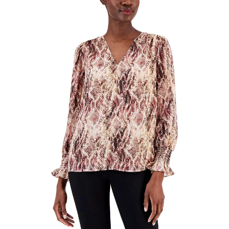 Womens Animal Print Smocked Blouse Versatile Layering Blouse