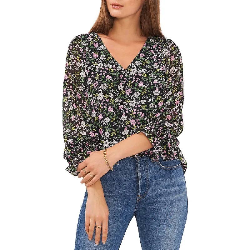 Womens Floral Print V-Neck Blouse Feminine Tie Blouse