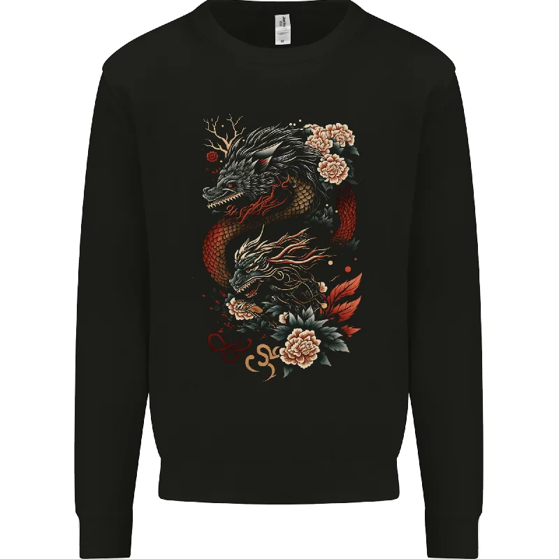 2 Chinese Dragons Fantasy Mens Sweatshirt Jumper Hoodie with Metallic Shiny Futuristic