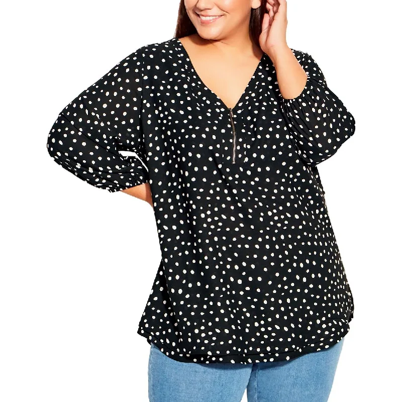 Plus Womens Polka Dot 1/4 Zip Blouse Floral Chiffon Blouse