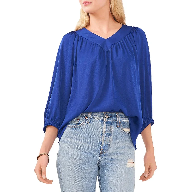 Womens Shirring V-Neck Blouse Slim Fit Blouse