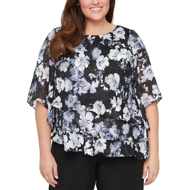 Plus Womens Tiered Floral Print Blouse Embellished Collar Blouse