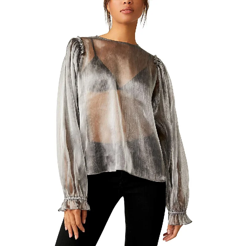 Freya Frost Womens Metallic Sheer Blouse Floral Print Blouse