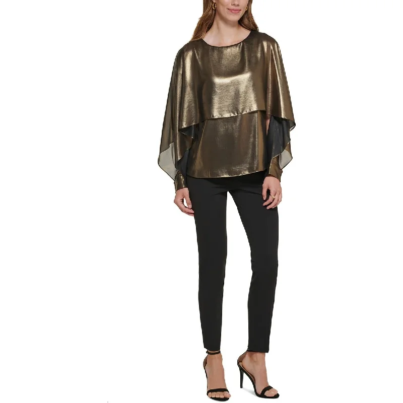 Womens Metallic Layered Blouse Soft Satin Blouse