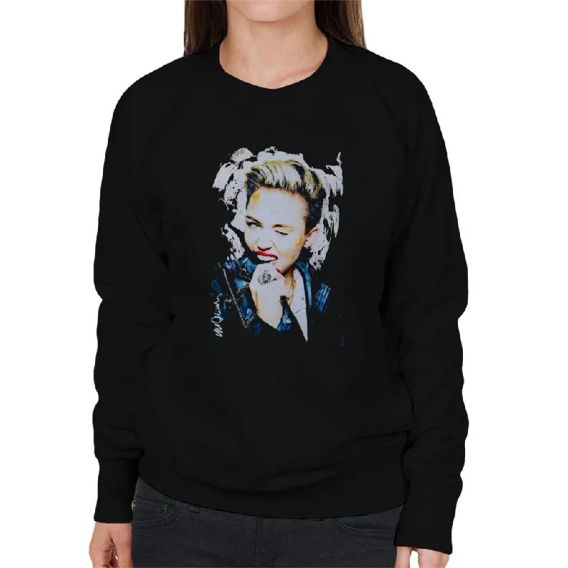 Sidney Maurer Original Portrait Of Miley Cyrus Biting Collar Women's Sweatshirt Hoodie with Stripes Bold Sporty