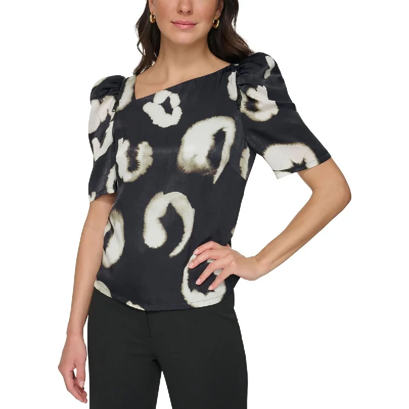 Womens Printed Puff Sleeve Blouse Silky Tunic Blouse