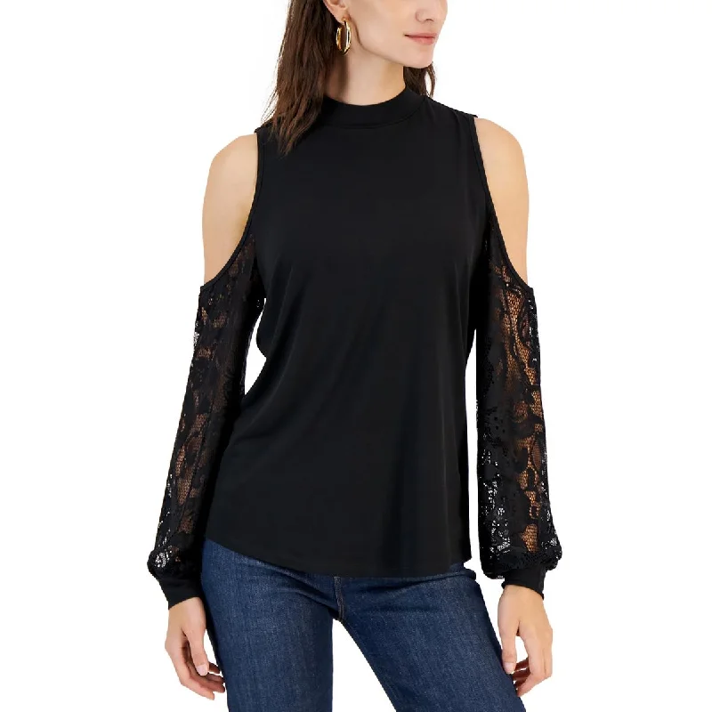 Womens Lace Trim Cold Shoulder Blouse Elegant Embroidery Blouse