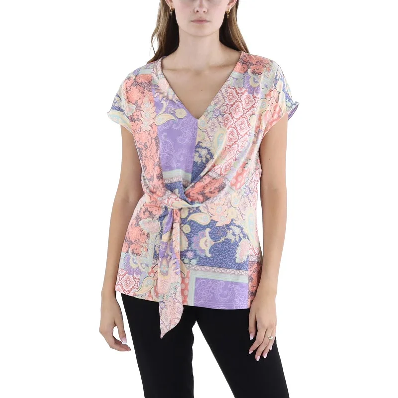 Womens Front Twist Printed Blouse Elegant Embroidery Blouse