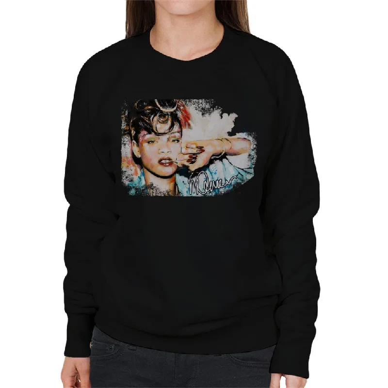 Sidney Maurer Original Portrait Of Rihanna Red Nails Women's Sweatshirt Hoodie with Slit Hem Functional Movement