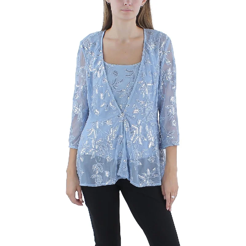 Womens 2PC Sequined Blouse Floral Chiffon Blouse