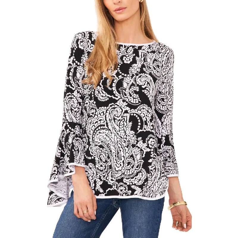 Womens Paisley Bell Sleeve Blouse Ruched Sleeve Blouse