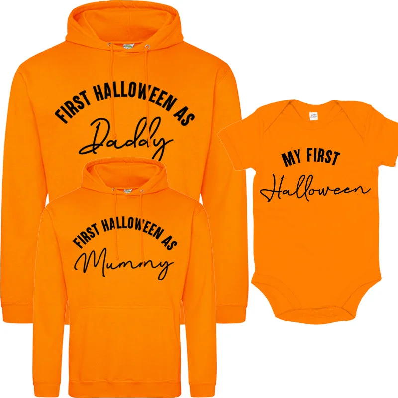 First Halloween As Family Script Orange Hoodies & Bodysuit (MRK X) Hoodie with Hem Drawcord Adjustable Customizable