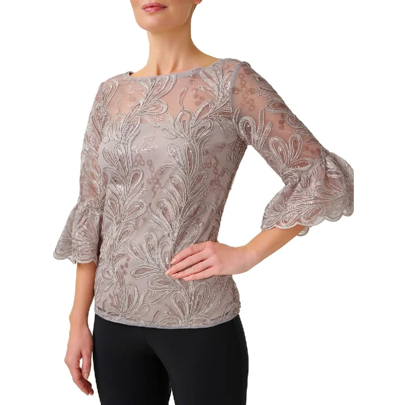 Womens Embroidered Sequined Blouse Ruffled Neck Blouse