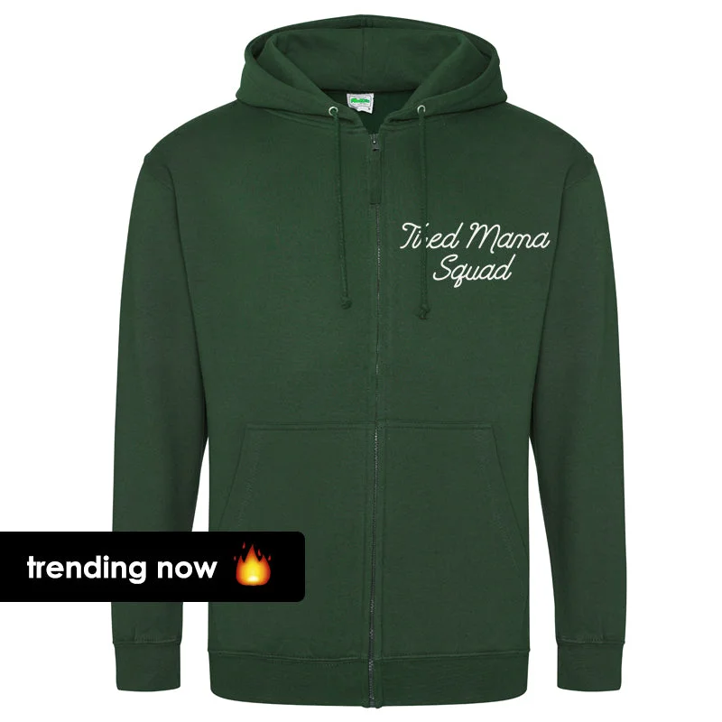 Tired Mama Squad Mini Logo Zipped Hoodie (MRK X) Hoodie with Hem Frayed Vintage Worn