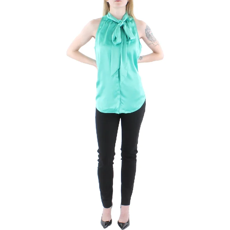 Womens Tie Neck Covered Placket Blouse Satin Bow Blouse