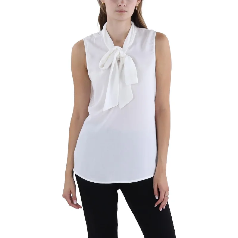 Womens Tie Neck Solid Blouse Playful Puff Blouse