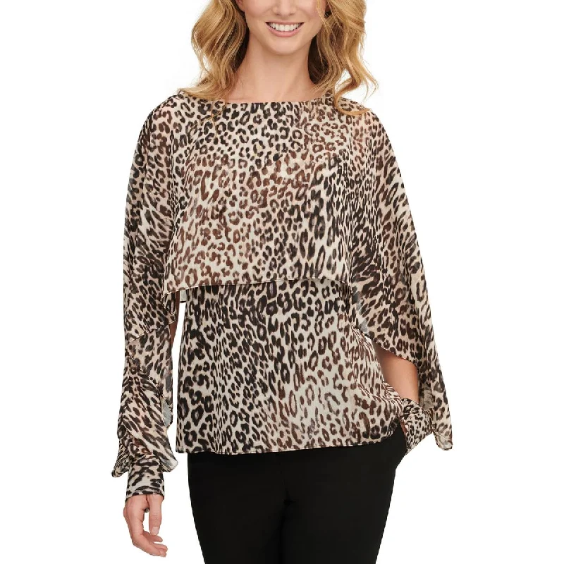 Petites Womens Metallic Animal Print Blouse Casual Relaxed Blouse