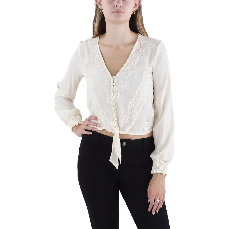 Womens Lace Shirt Blouse Collared Satin Blouse