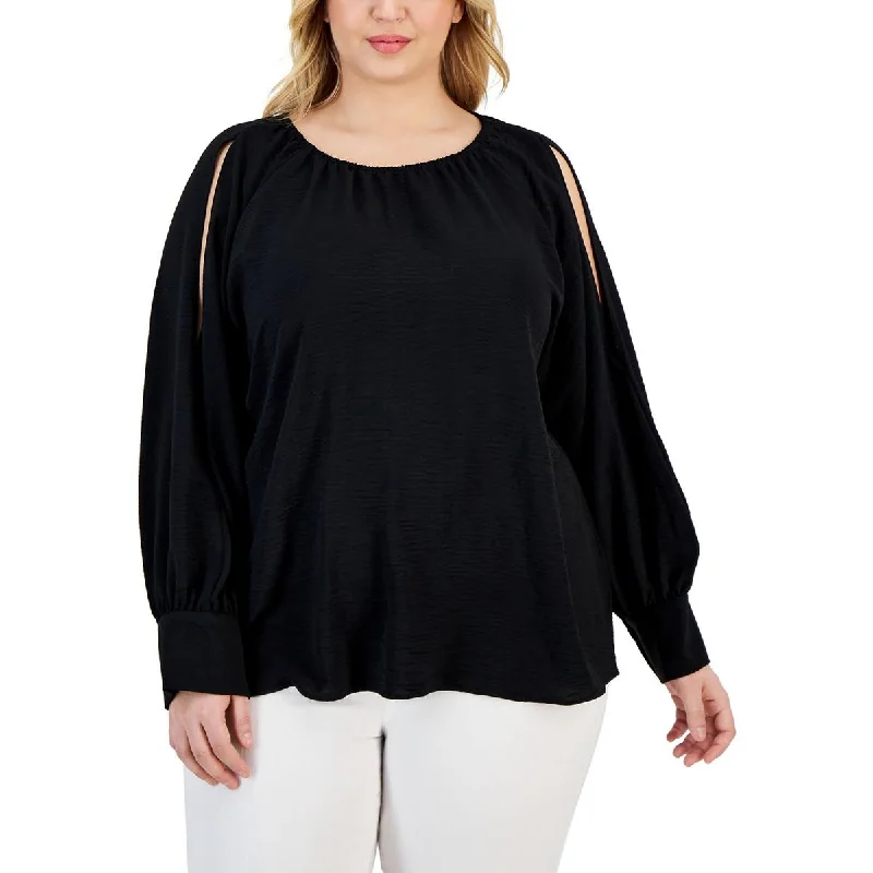 Plus Womens Textured Cold Shoulder Blouse Playful Puff Blouse