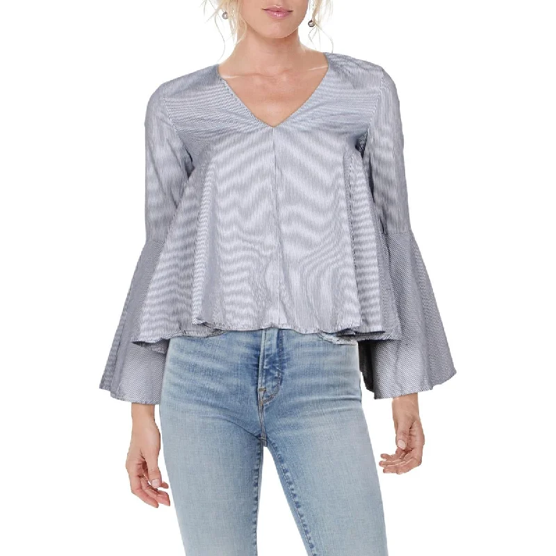 Womens Striped V-Neck Blouse Sheer Mesh Blouse