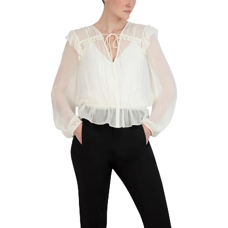 Womens Chiffon Bishop Sleeve Blouse Off-Shoulder Wrap Blouse