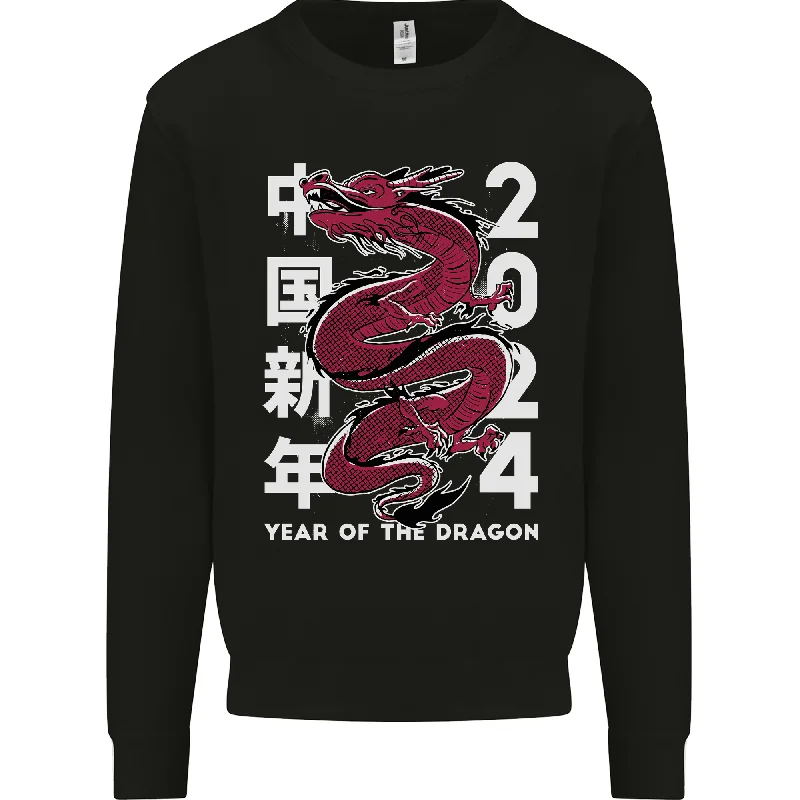 2024 Zodiac Chinese New Year of the Dragon Mens Sweatshirt Jumper Hoodie with High-Low Hem Asymmetrical Trendy