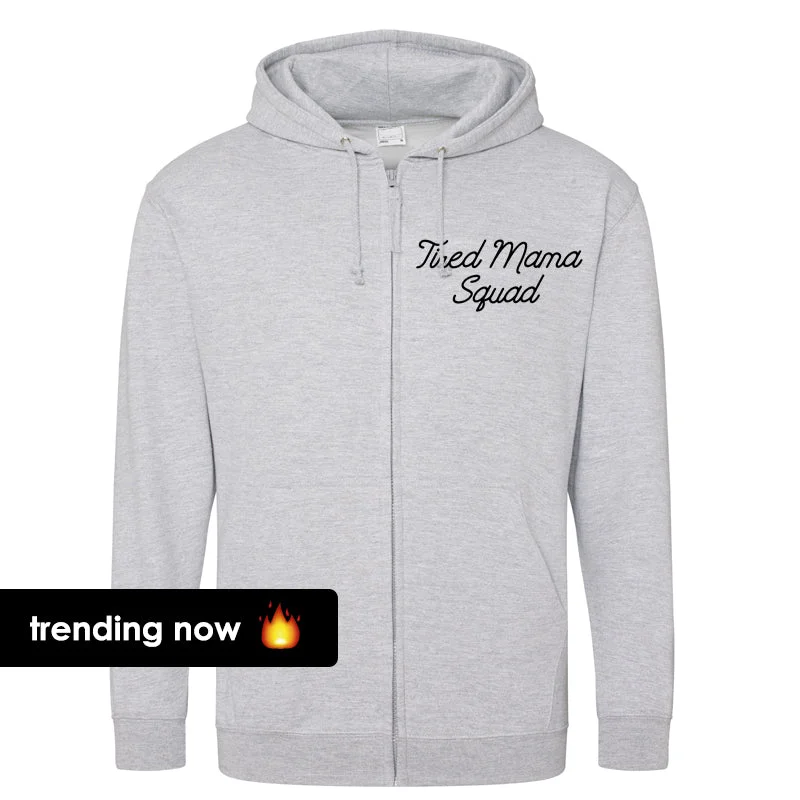 Tired Mama Squad Mini Logo Zipped Hoodie (MRK X) Hoodie with Hem Detail Decorative Unique