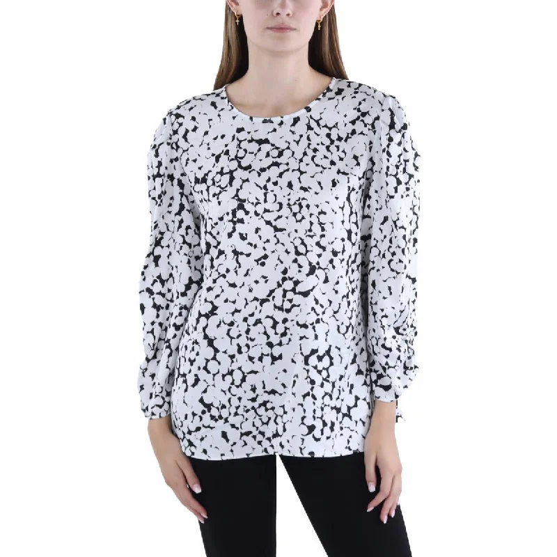 Womens Printed Ruched Blouse Pleated Collar Blouse