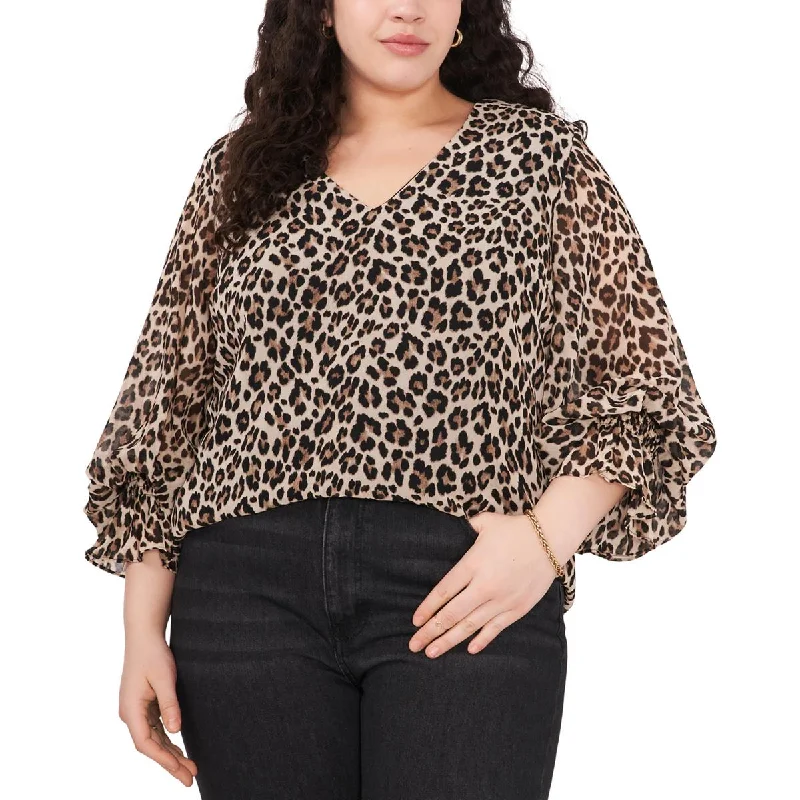 Plus Womens Leopard Print V-Neck Blouse Classic Minimalist Blouse