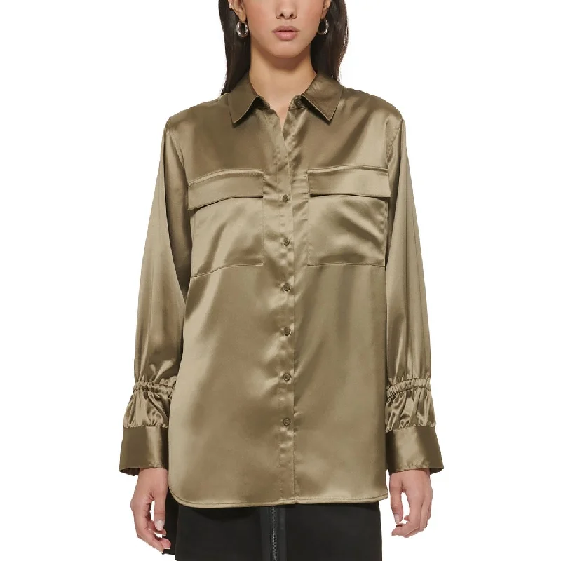 Womens Flap Pocket Satin Blouse Sheer Mesh Blouse