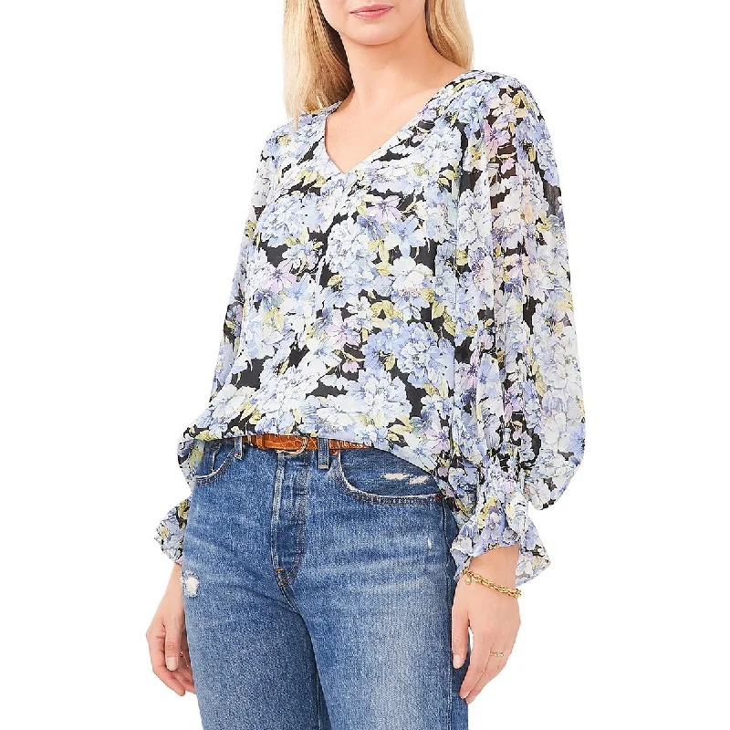 Womens Floral Print V-Neck Blouse Loose Fit Blouse