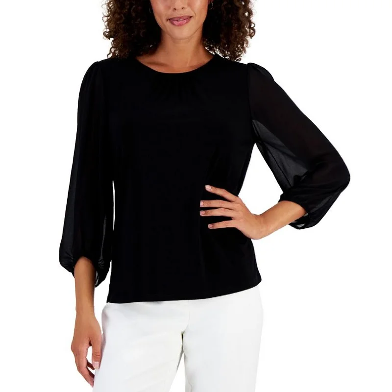 Petites Womens Crewneck Three Quarter Sleee Blouse Ruched Sleeve Blouse