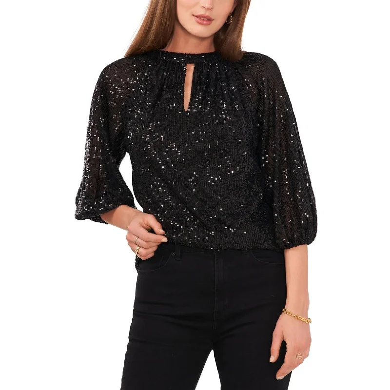 Womens Sequined Keyhole Blouse Elegant Lace Blouse