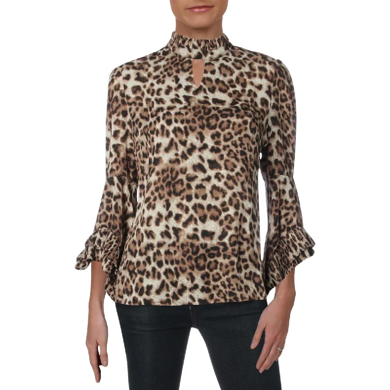 Womens Animal Print Mock Neck Blouse Lightweight Tunic Blouse