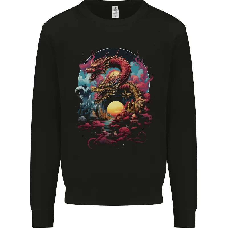 2 Sunset Fantasy Dragons Mens Sweatshirt Jumper Hoodie with Hem Ribbing Snug Secure