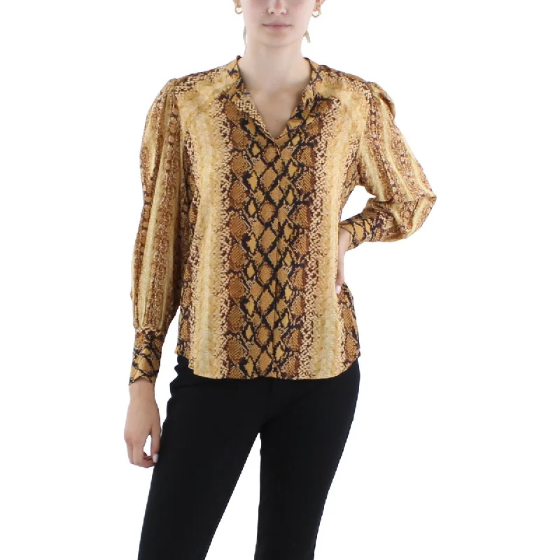 Talin Womens Snake Print Button-Down Blouse Gathered Detail Blouse