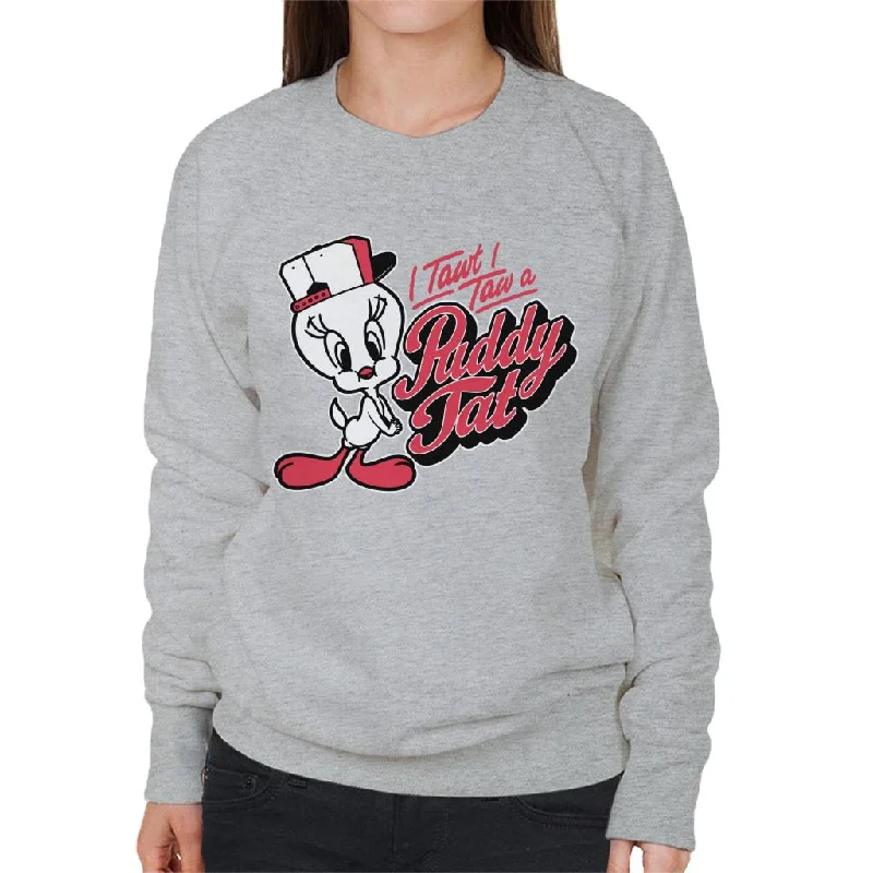 Looney Tunes Tweety Baseball Puddy Tat Women's Sweatshirt Hoodie with Hem Applique Textured Unique