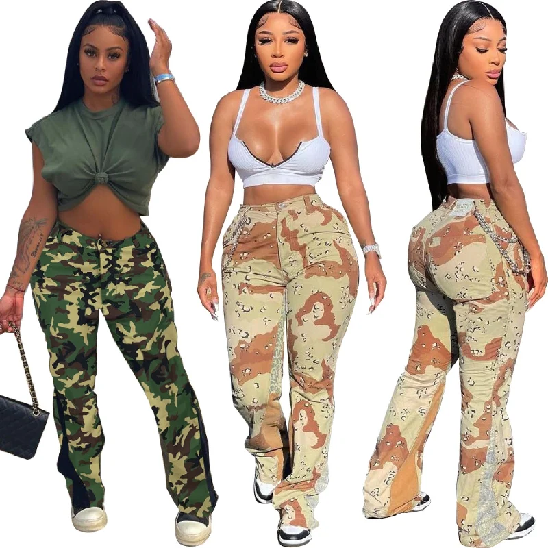 Camouflage Stitching Bell-Bottom Pants（CL10373) Trendy High-Waist Trousers