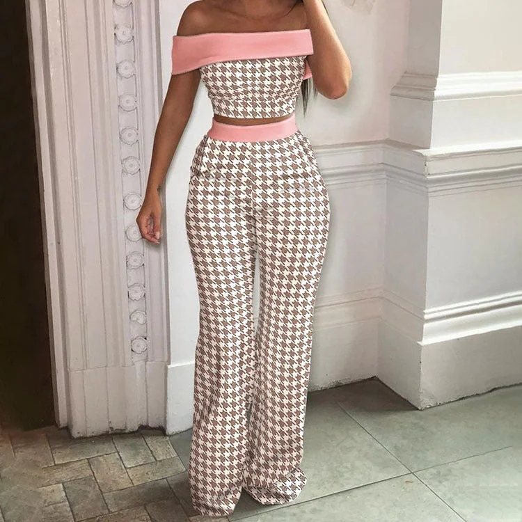 New Sexy off-the-Shoulder Wide-Leg Pants Suit 2PC (CL10222) Trendy Wide-Legged Trousers