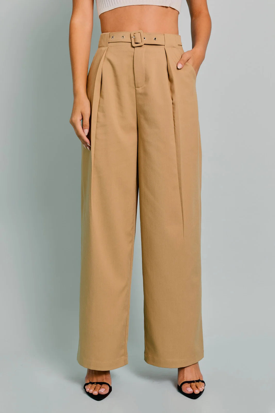 Camel Belted High Waist Wide Dressy Pants Classic Stretch Pants