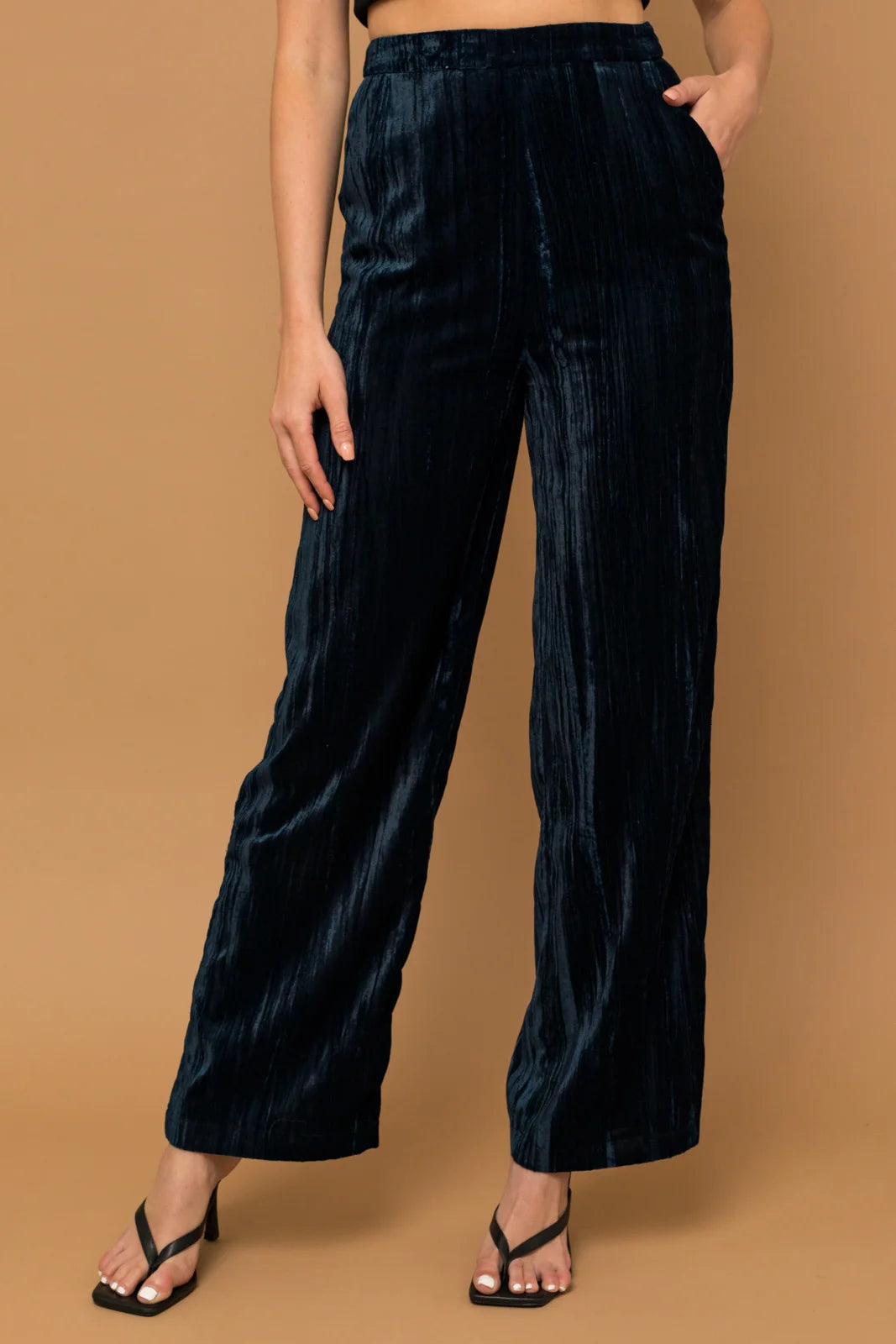 Crinkle Velvet Wide Leg Pants Cozy Full-Length Pants