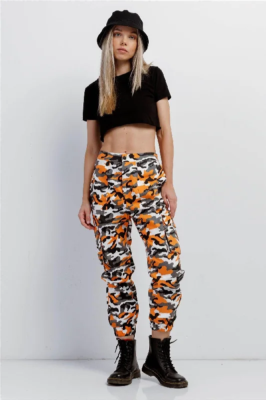 Orange Camouflage High Waisted Cargo Pants Relaxed Linen Pants