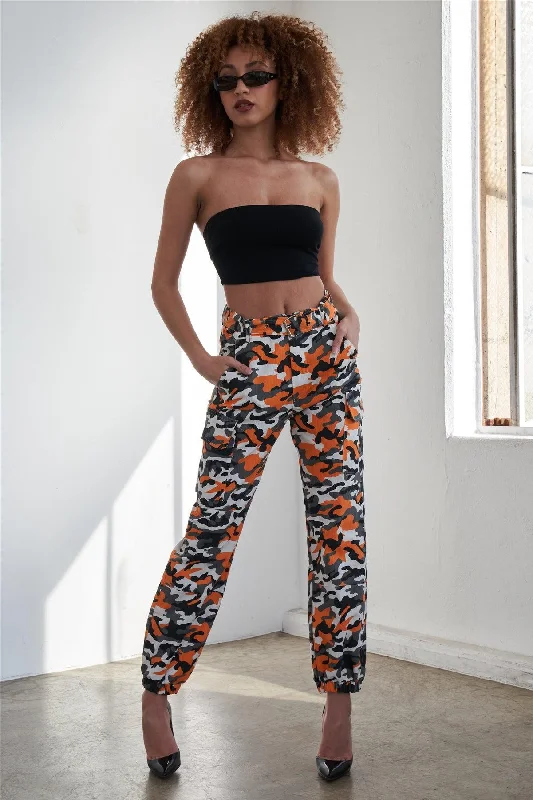 Orange Camo Belted High Waist Cargo Pants Fashionable Sporty Pants