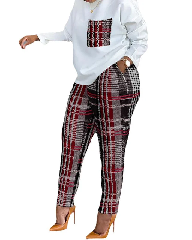 Women's Plaid Printed Long-Sleeved Top and Two-Piece Pants (CL9882) Lightweight Linen Pants